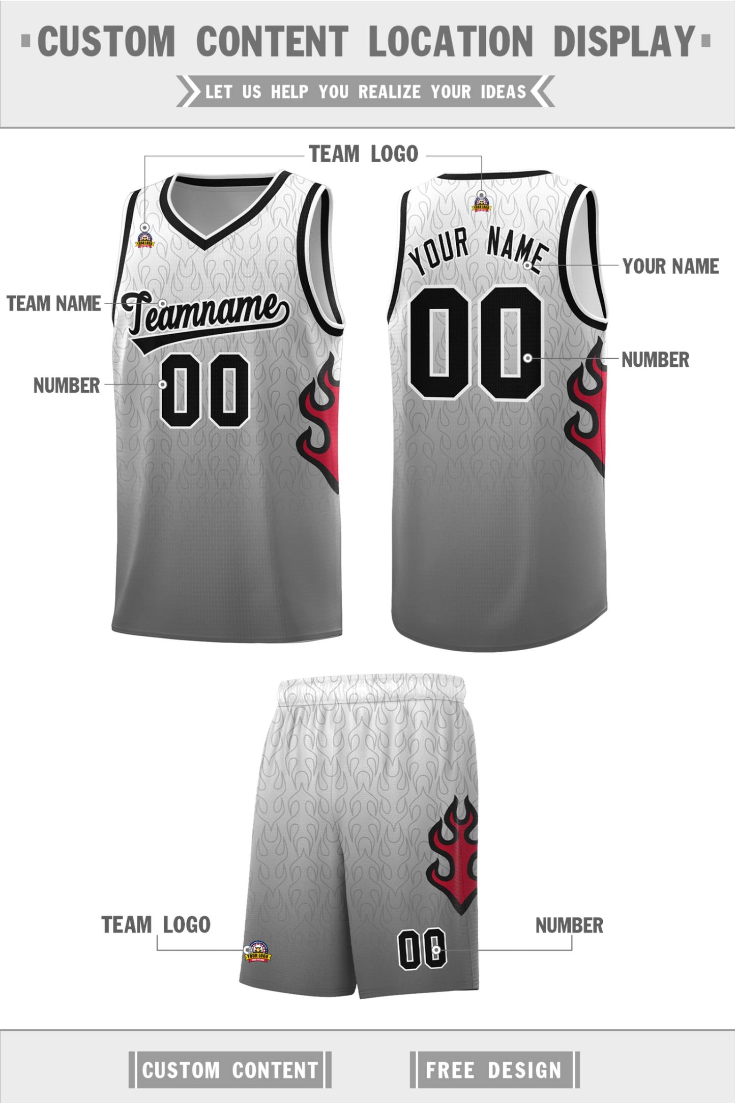 Custom White Dark Gray-Black Flame Gradient Fashion Sports Uniform Basketball Jersey