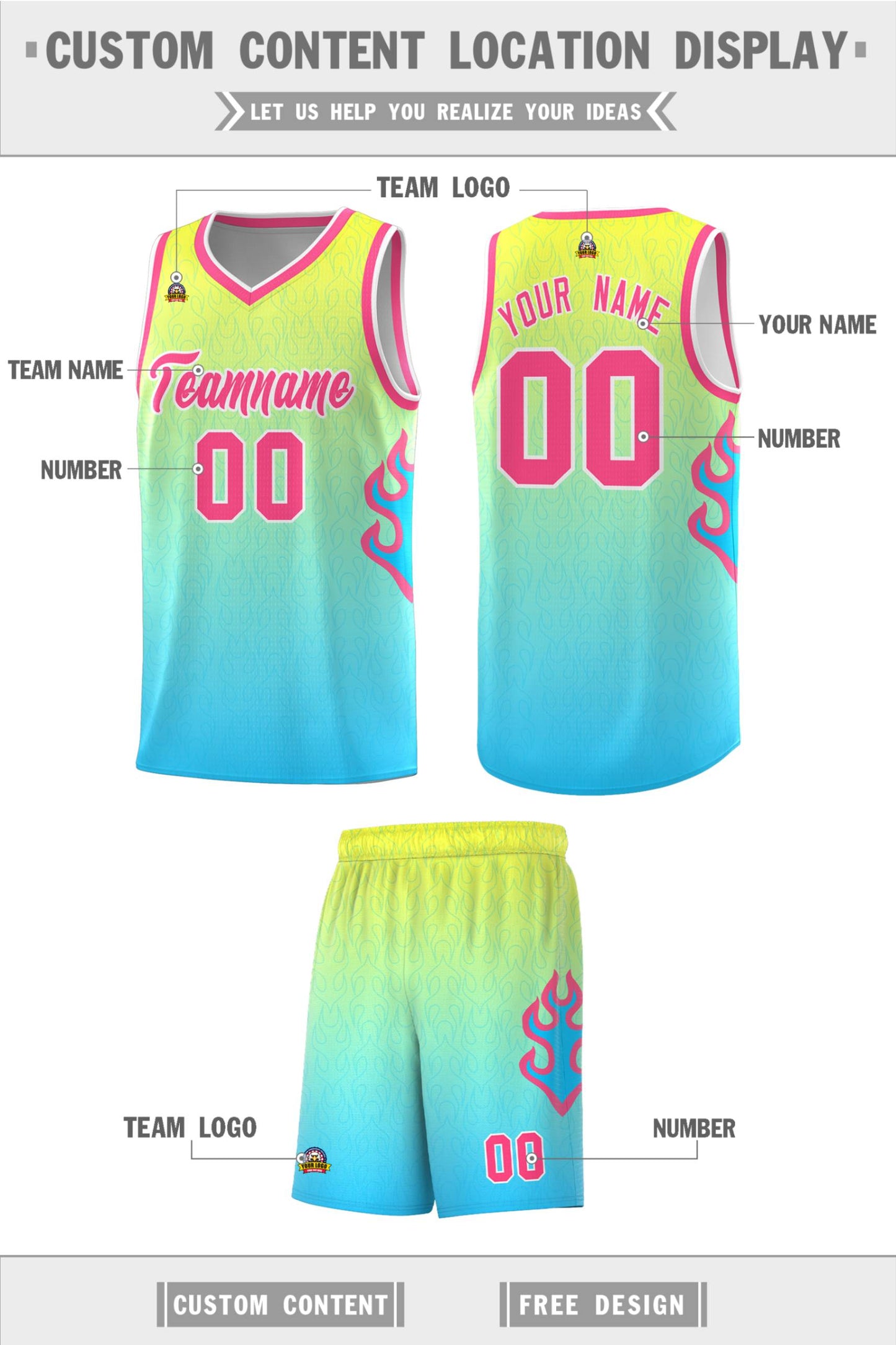 Custom Gold Light Blue-Pink Flame Gradient Fashion Sports Uniform Basketball Jersey