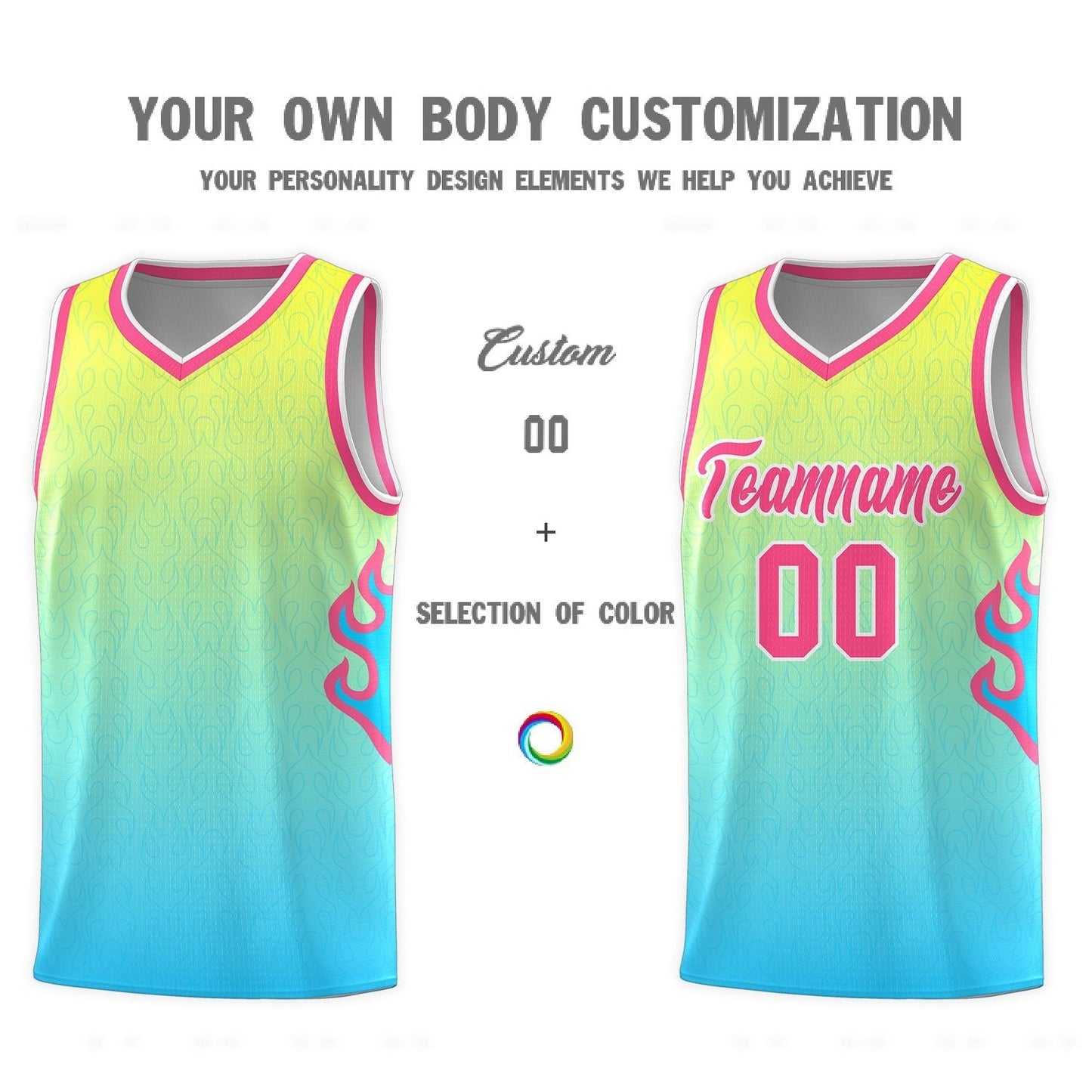 Custom Gold Light Blue-Pink Flame Gradient Fashion Sports Uniform Basketball Jersey