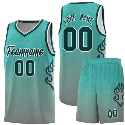 Custom Aqua Dark Gray-Midnight Green Flame Gradient Fashion Sports Uniform Basketball Jersey