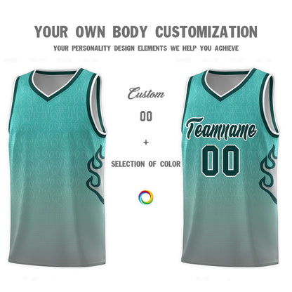 Custom Aqua Dark Gray-Midnight Green Flame Gradient Fashion Sports Uniform Basketball Jersey