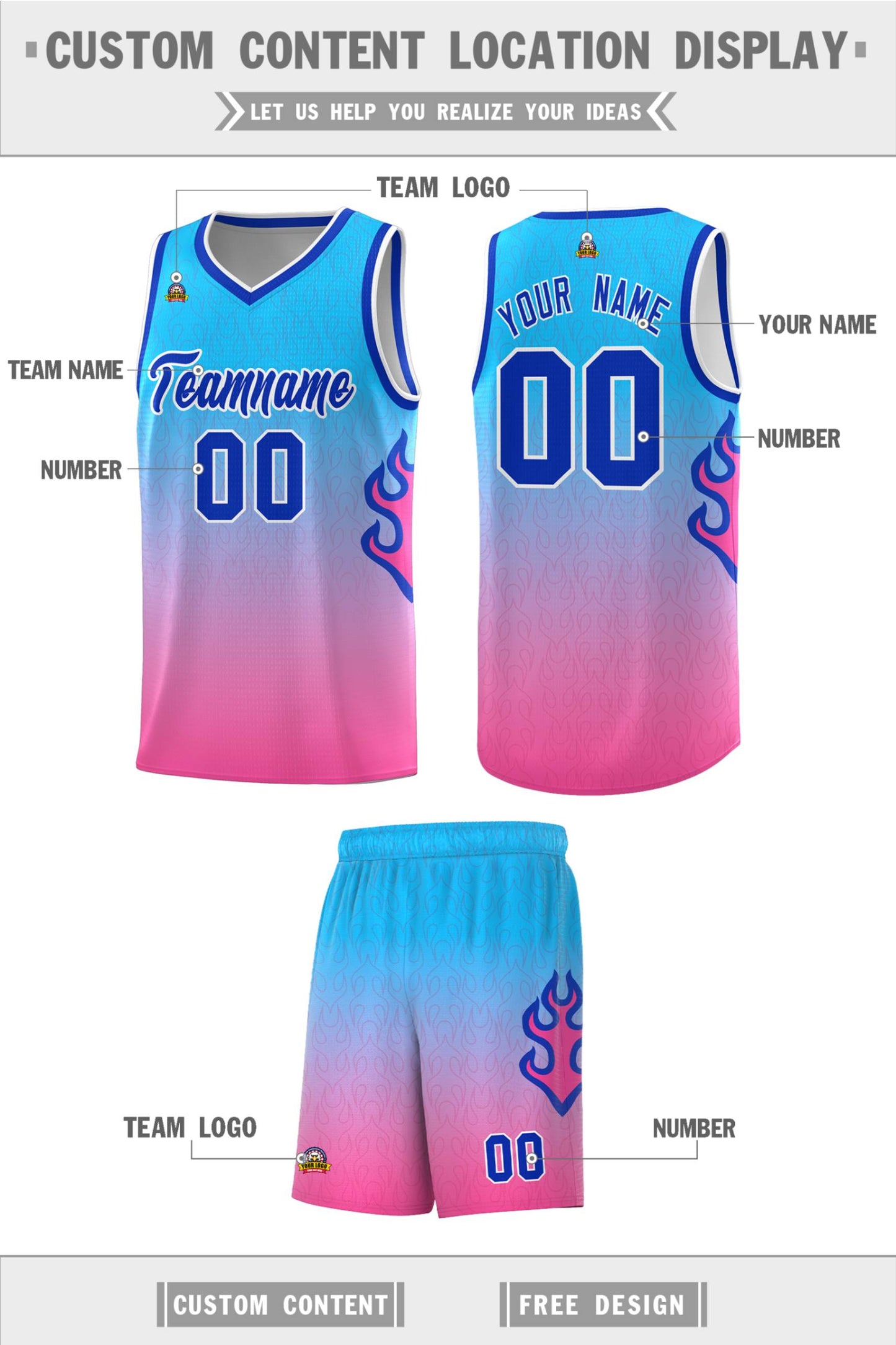 Custom Powder Blue Pink-Royal Flame Gradient Fashion Sports Uniform Basketball Jersey