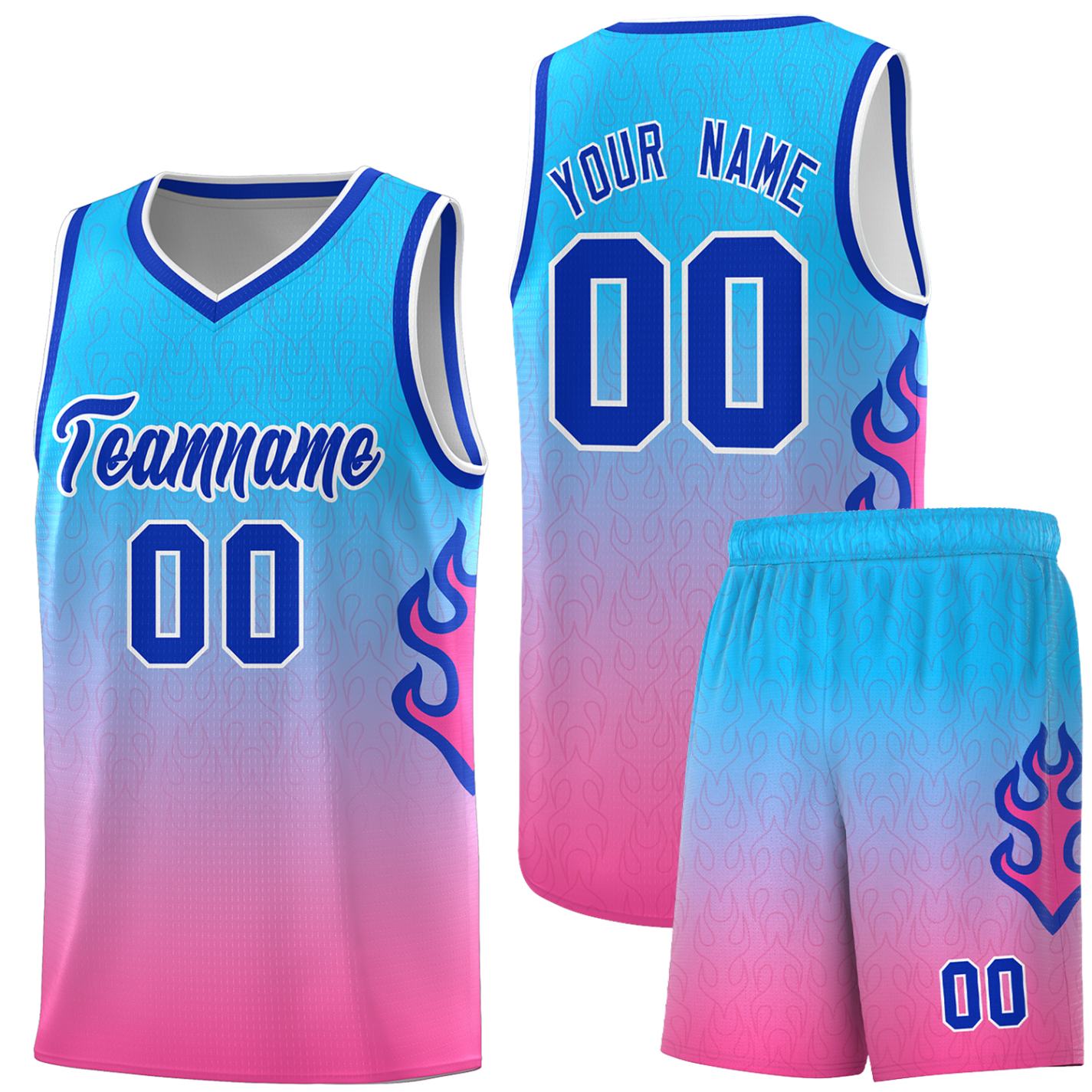 Custom Powder Blue Pink-Royal Flame Gradient Fashion Sports Uniform Basketball Jersey