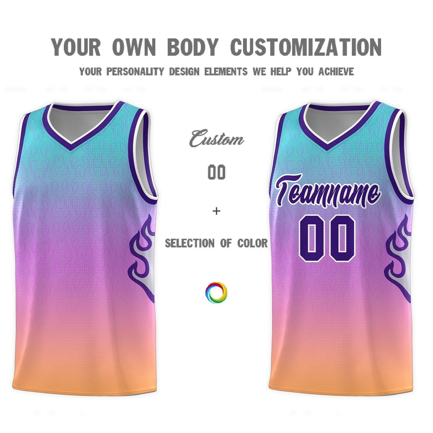 Custom Light Blue Pink-Purple Flame Gradient Fashion Sports Uniform Basketball Jersey