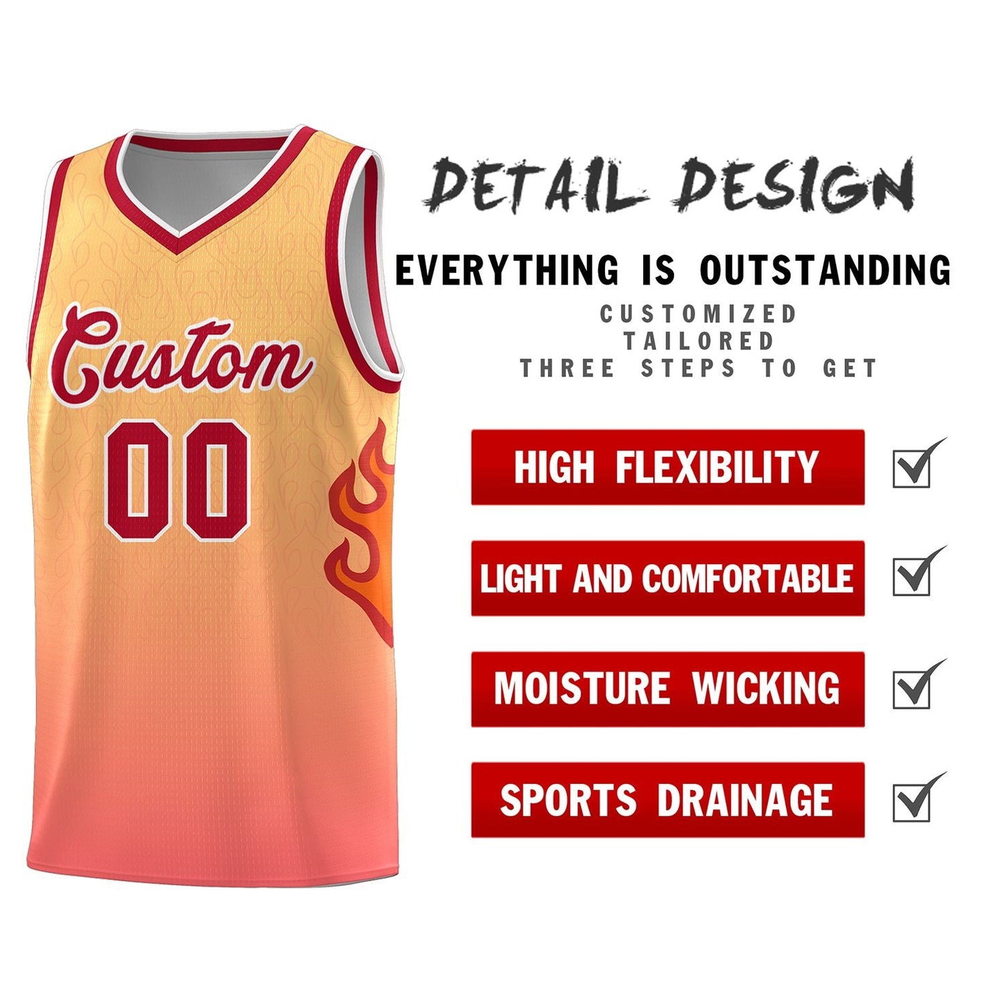 Custom Yellow Orange-Red Flame Gradient Fashion Sports Uniform Basketball Jersey