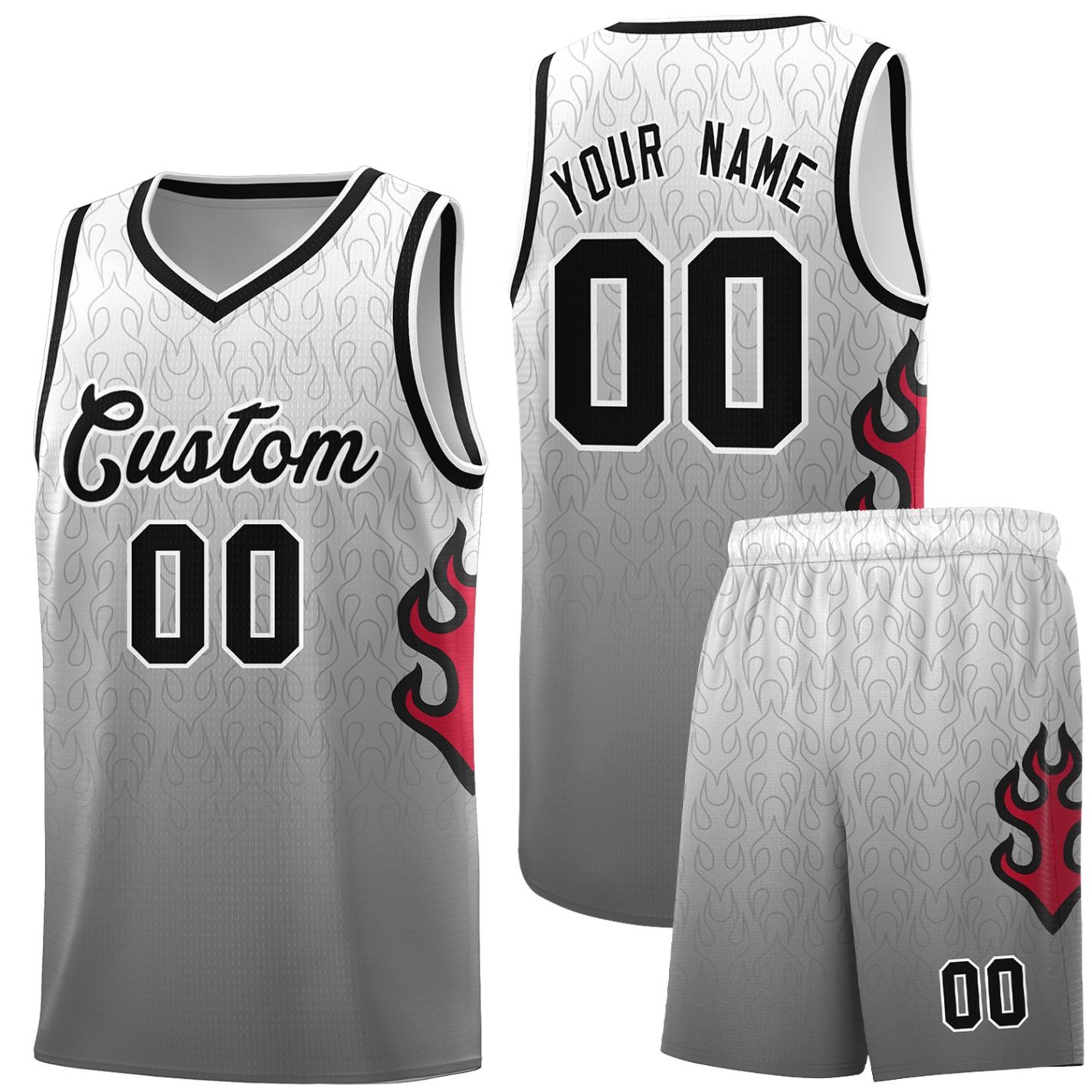 Custom White Dark Gray-Black Flame Gradient Fashion Sports Uniform Basketball Jersey