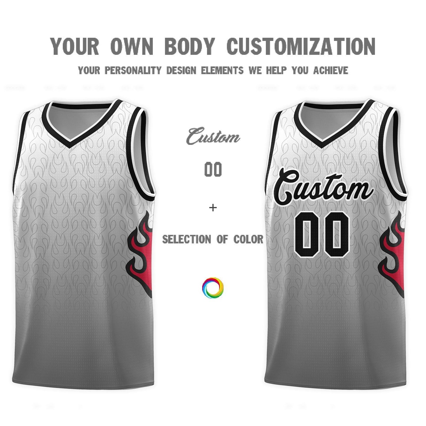 Custom White Dark Gray-Black Flame Gradient Fashion Sports Uniform Basketball Jersey