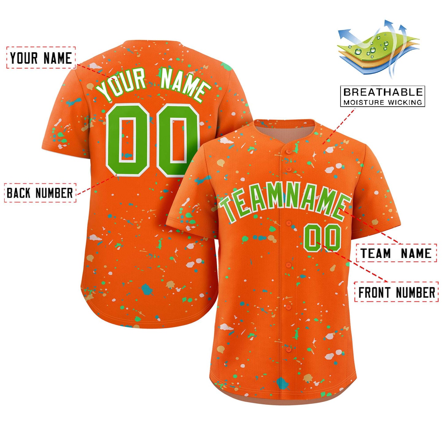 Custom Orange Neon Green-White Splash Graffiti Pattern Authentic Baseball Jersey