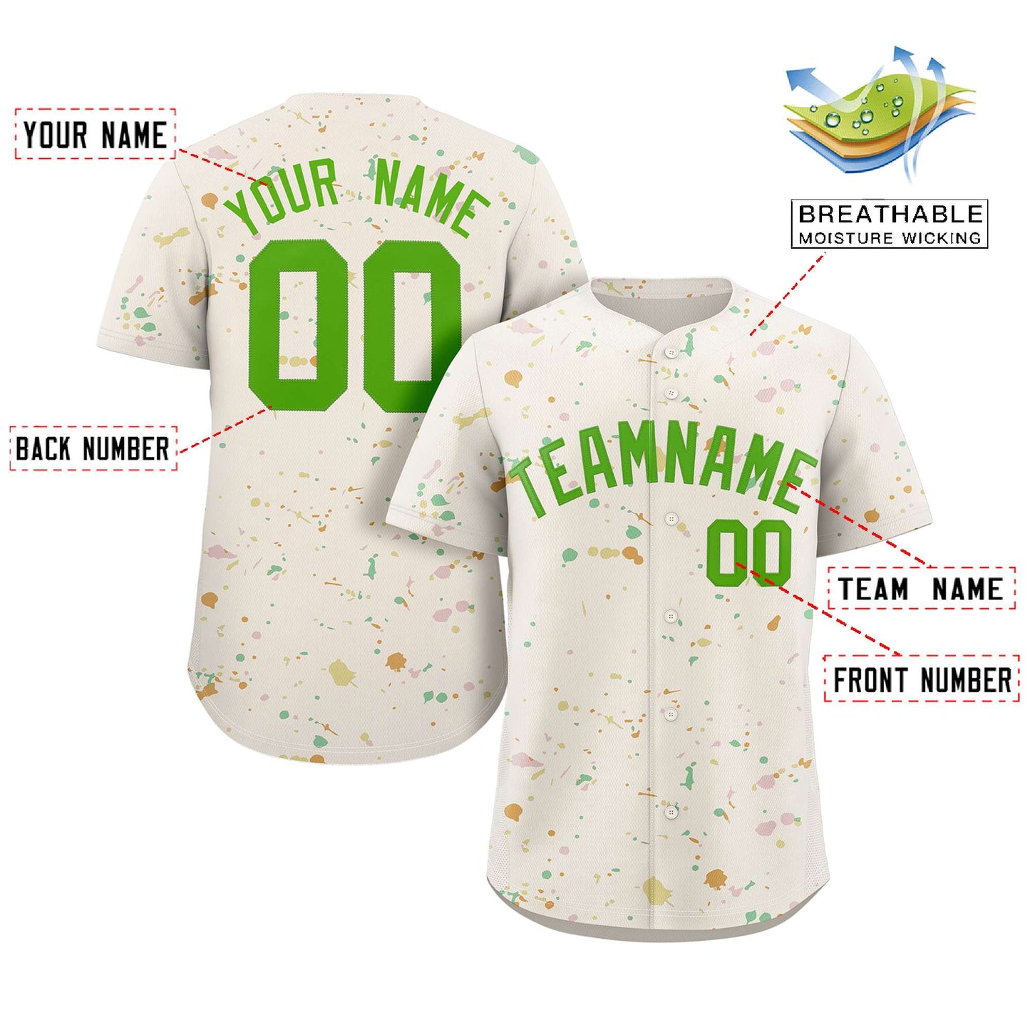 Custom Cream Neon Green Splash Graffiti Pattern Authentic Baseball Jersey