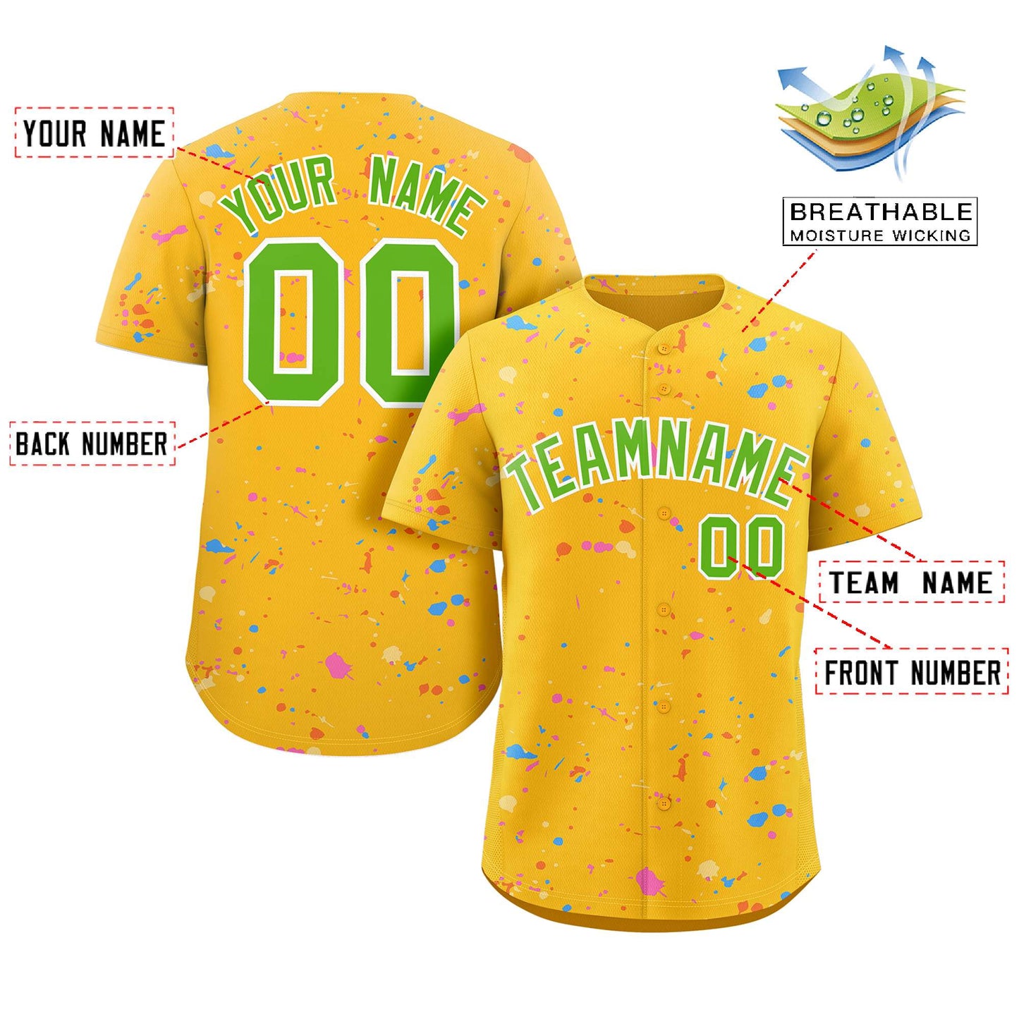 Custom Gold Neon Green-White Splash Graffiti Pattern Authentic Baseball Jersey