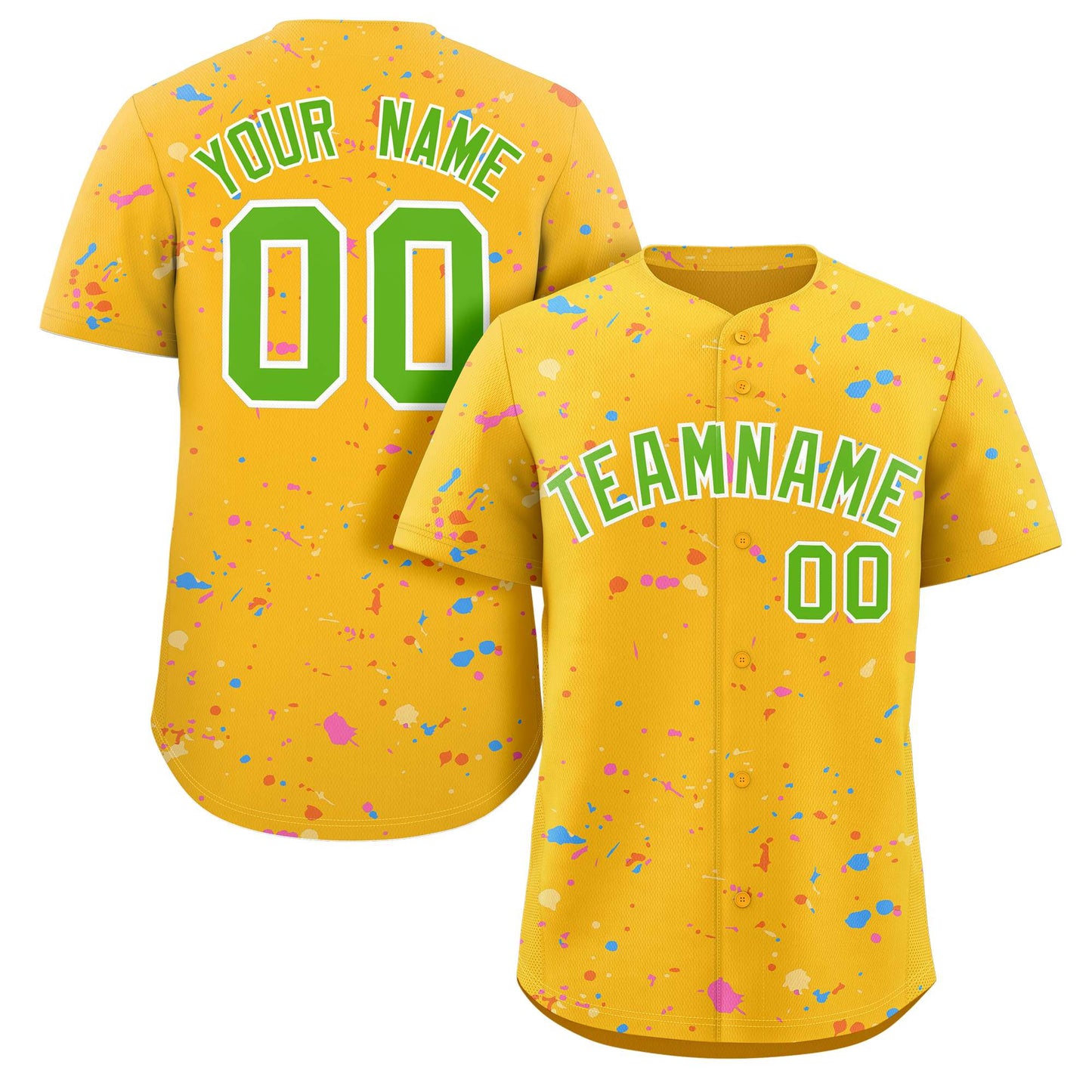 Custom Gold Neon Green-White Splash Graffiti Pattern Authentic Baseball Jersey