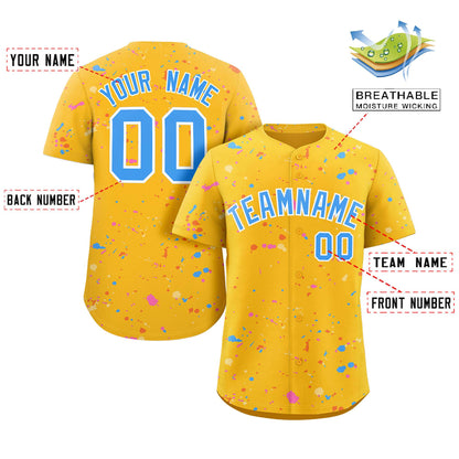 Custom Gold Powder Blue-White Splash Graffiti Pattern Authentic Baseball Jersey