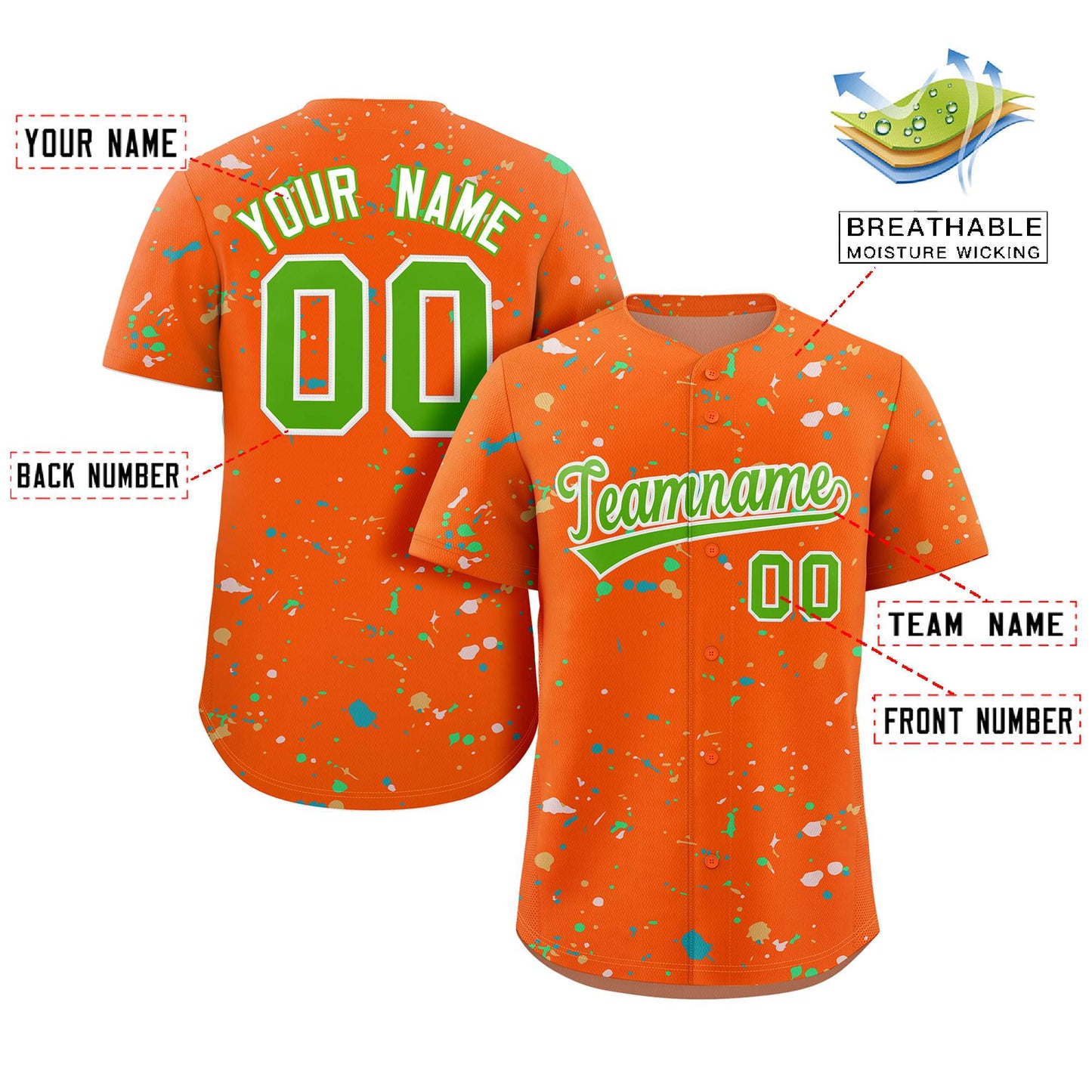 Custom Orange Neon Green-White Splash Graffiti Pattern Authentic Baseball Jersey