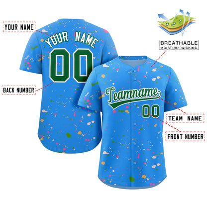 Custom Powder Blue Kelly Green-White Splash Graffiti Pattern Authentic Baseball Jersey