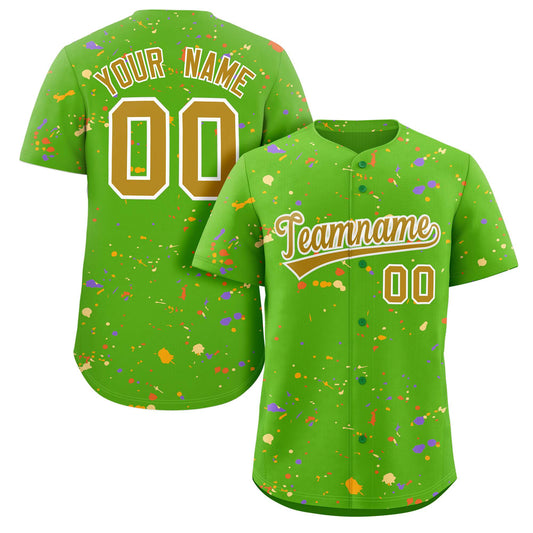 Custom Green Old Gold-White Splash Graffiti Pattern Authentic Baseball Jersey