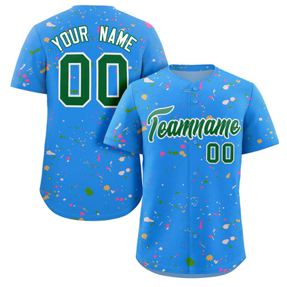 Custom Powder Blue Kelly Green-White Splash Graffiti Pattern Authentic Baseball Jersey