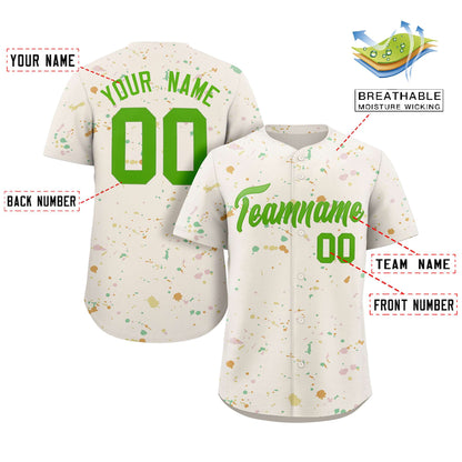 Custom Cream Neon Green Splash Graffiti Pattern Authentic Baseball Jersey