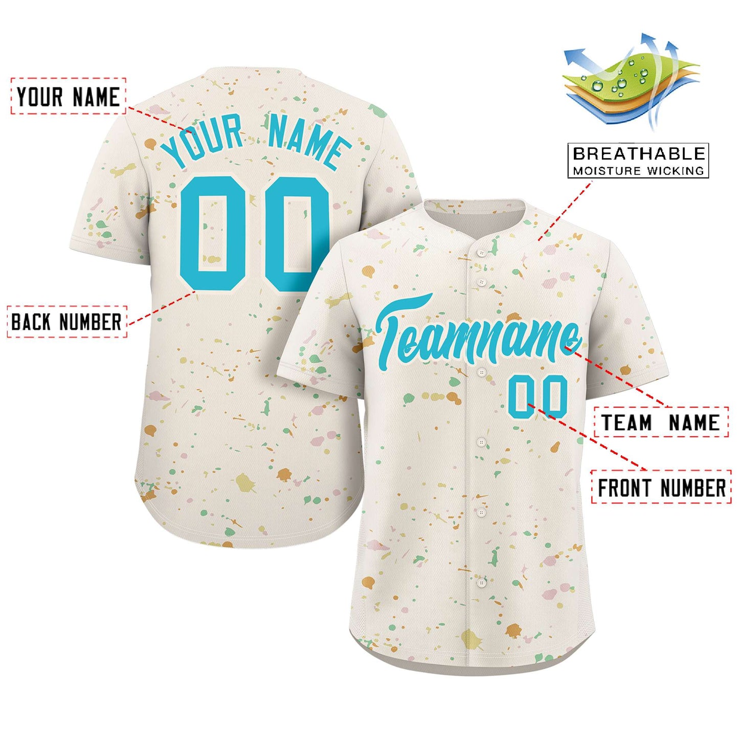 Custom Cream Light Blue Splash Graffiti Pattern Authentic Baseball Jersey