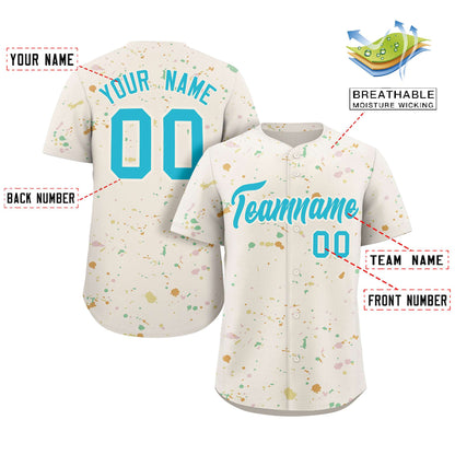 Custom Cream Light Blue Splash Graffiti Pattern Authentic Baseball Jersey