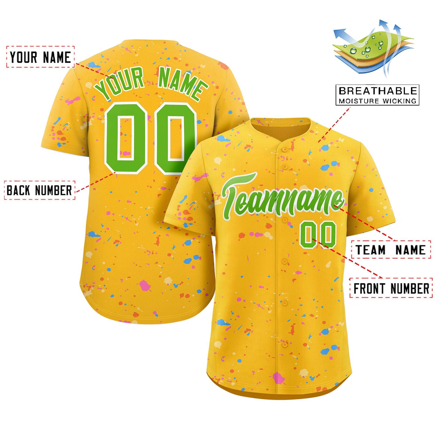 Custom Gold Neon Green-White Splash Graffiti Pattern Authentic Baseball Jersey