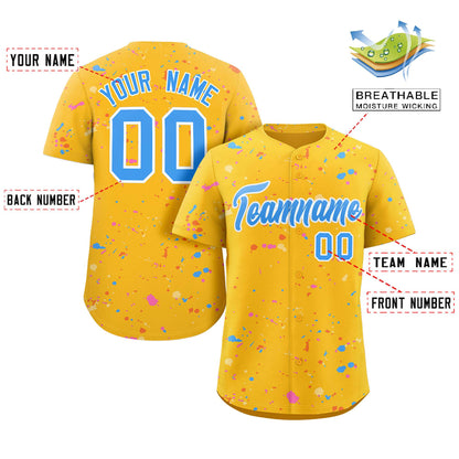 Custom Gold Powder Blue-White Splash Graffiti Pattern Authentic Baseball Jersey