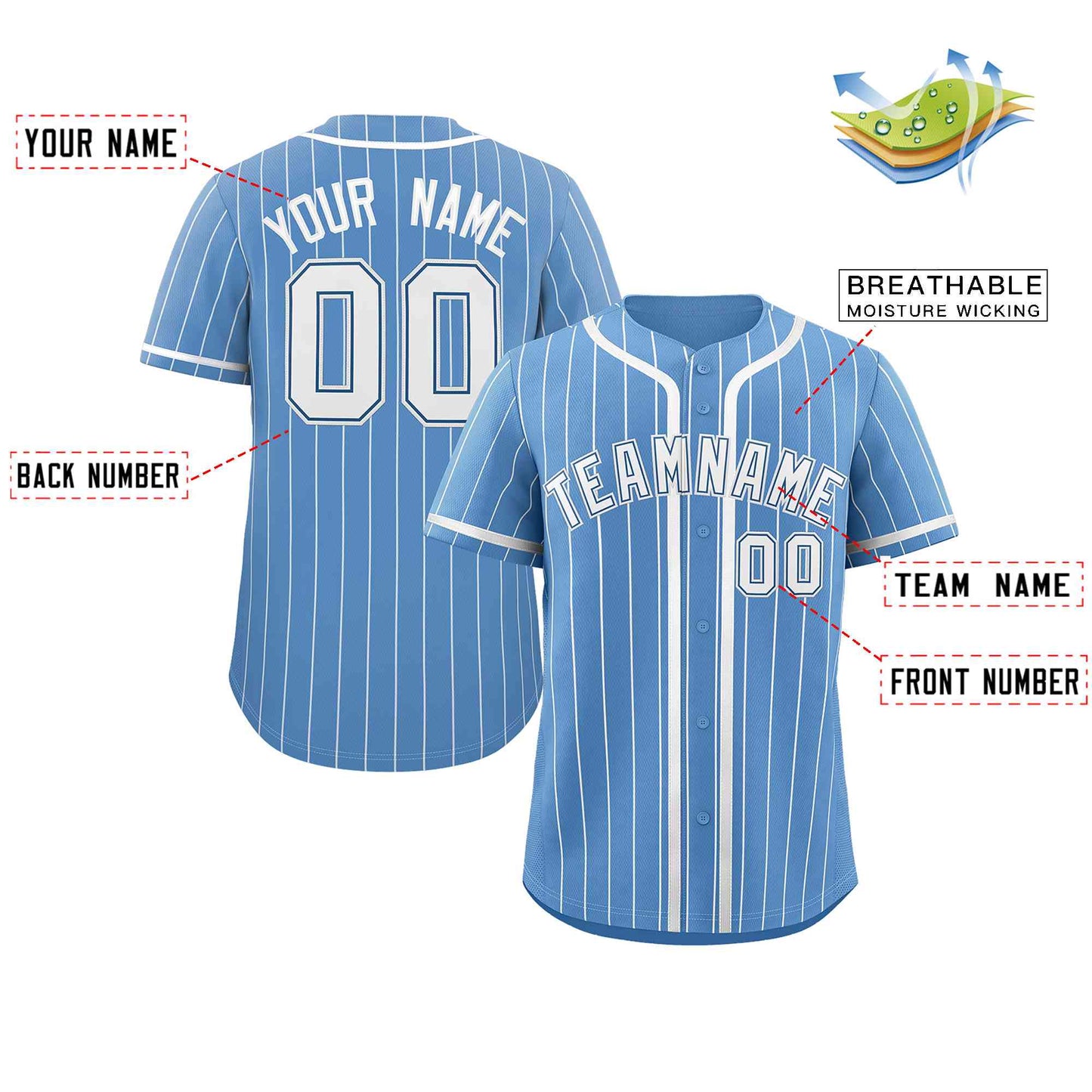 Custom Light Blue White Stripe Fashion Design Full Button Authentic Baseball Jersey