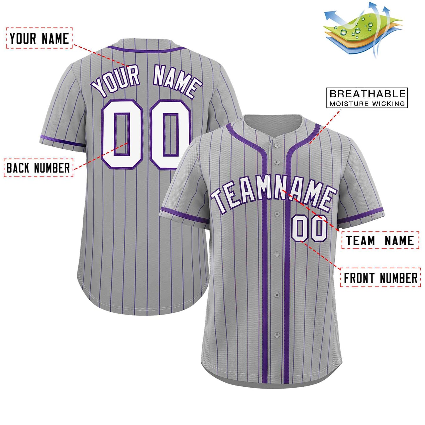 Custom Light Gray White-Purple Stripe Fashion Design Full Button Authentic Baseball Jersey