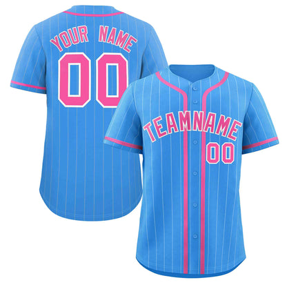 Custom Powder Blue Pink-White Stripe Fashion Design Full Button Authentic Baseball Jersey