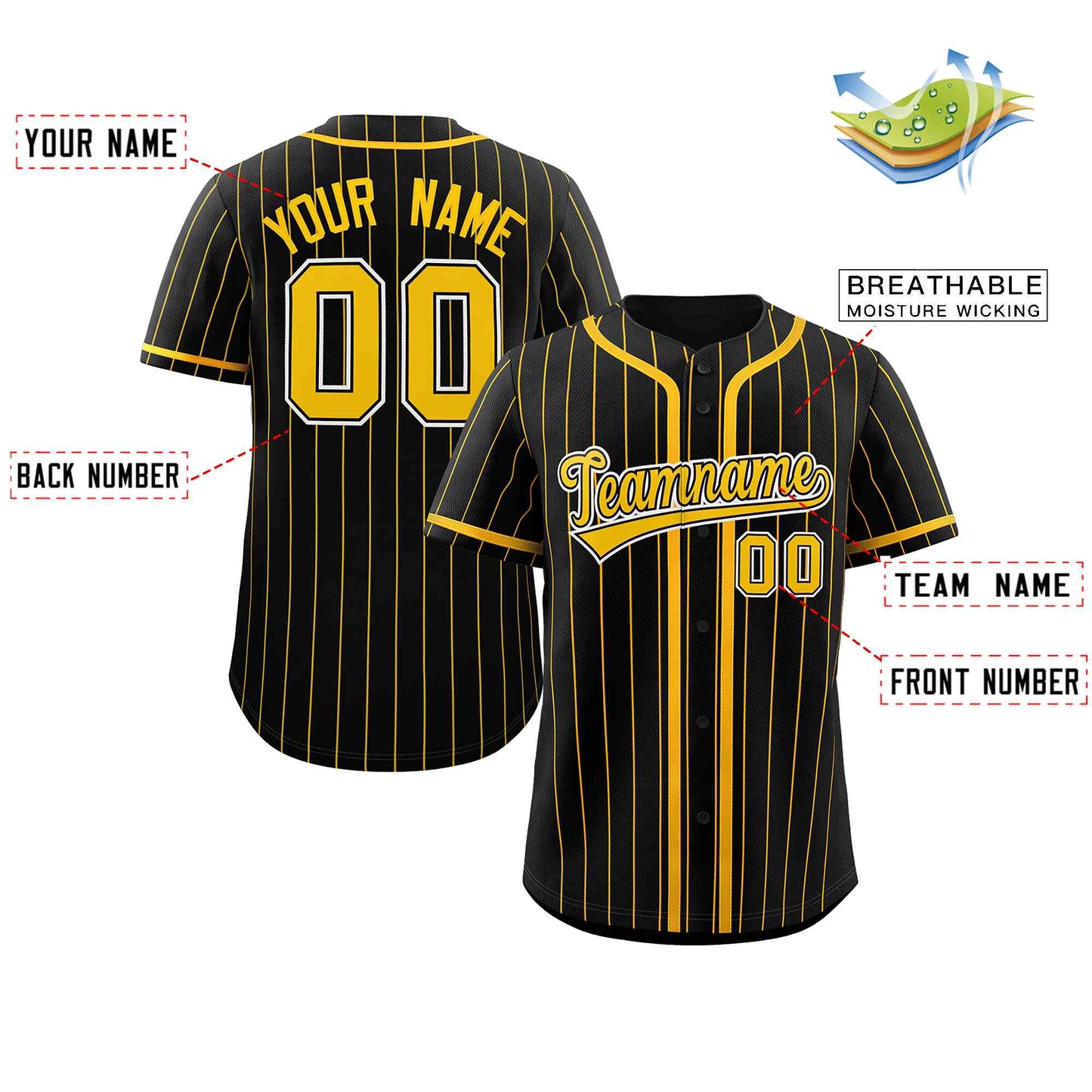 Custom Black Yellow Stripe Fashion Design Full Button Authentic Baseball Jersey