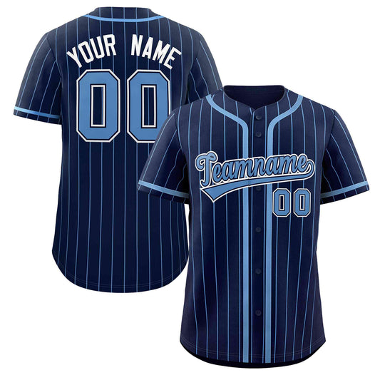 Custom Navy Light Blue Stripe Fashion Design Full Button Authentic Baseball Jersey