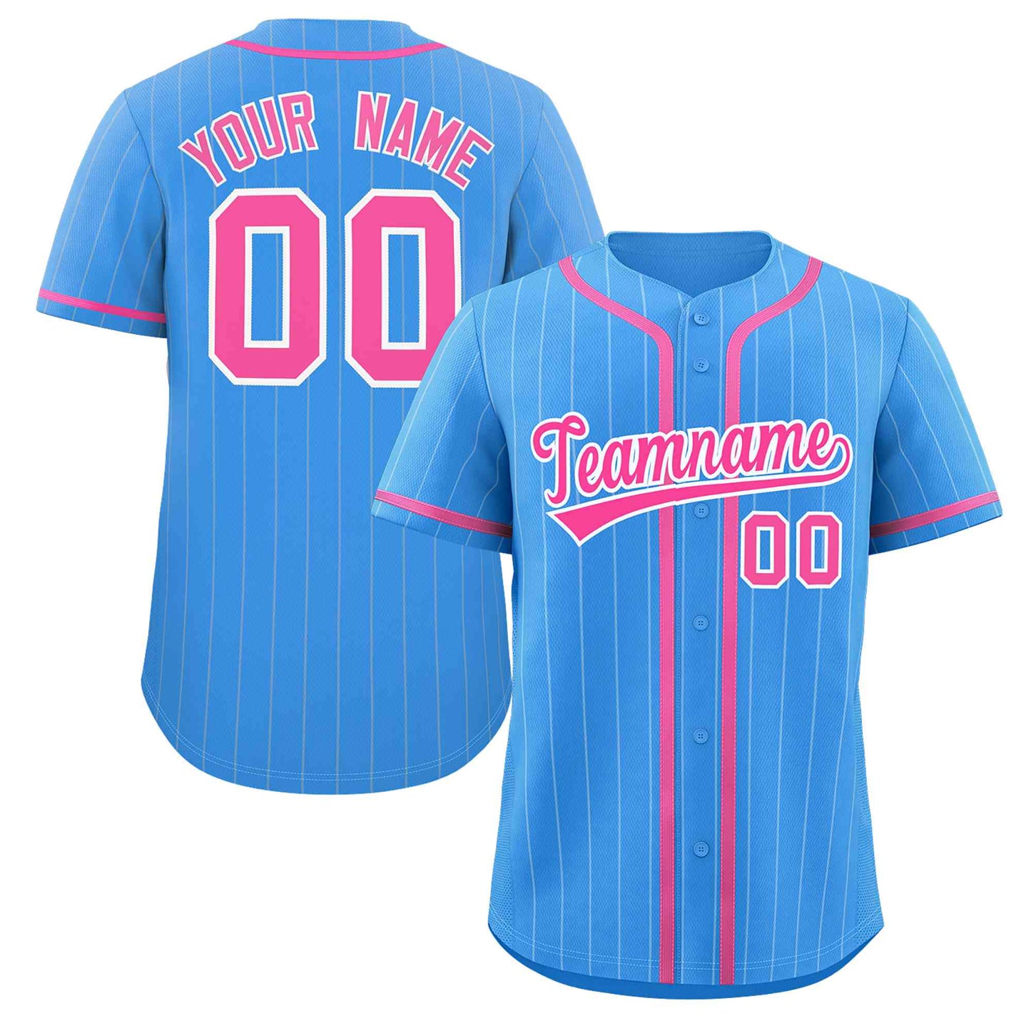 Custom Powder Blue Pink-White Stripe Fashion Design Full Button Authentic Baseball Jersey