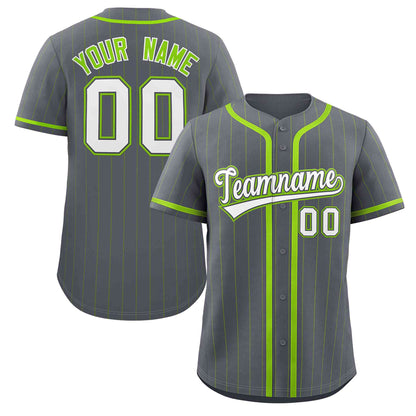 Custom Gray White-Neon Green Stripe Fashion Design Full Button Authentic Baseball Jersey