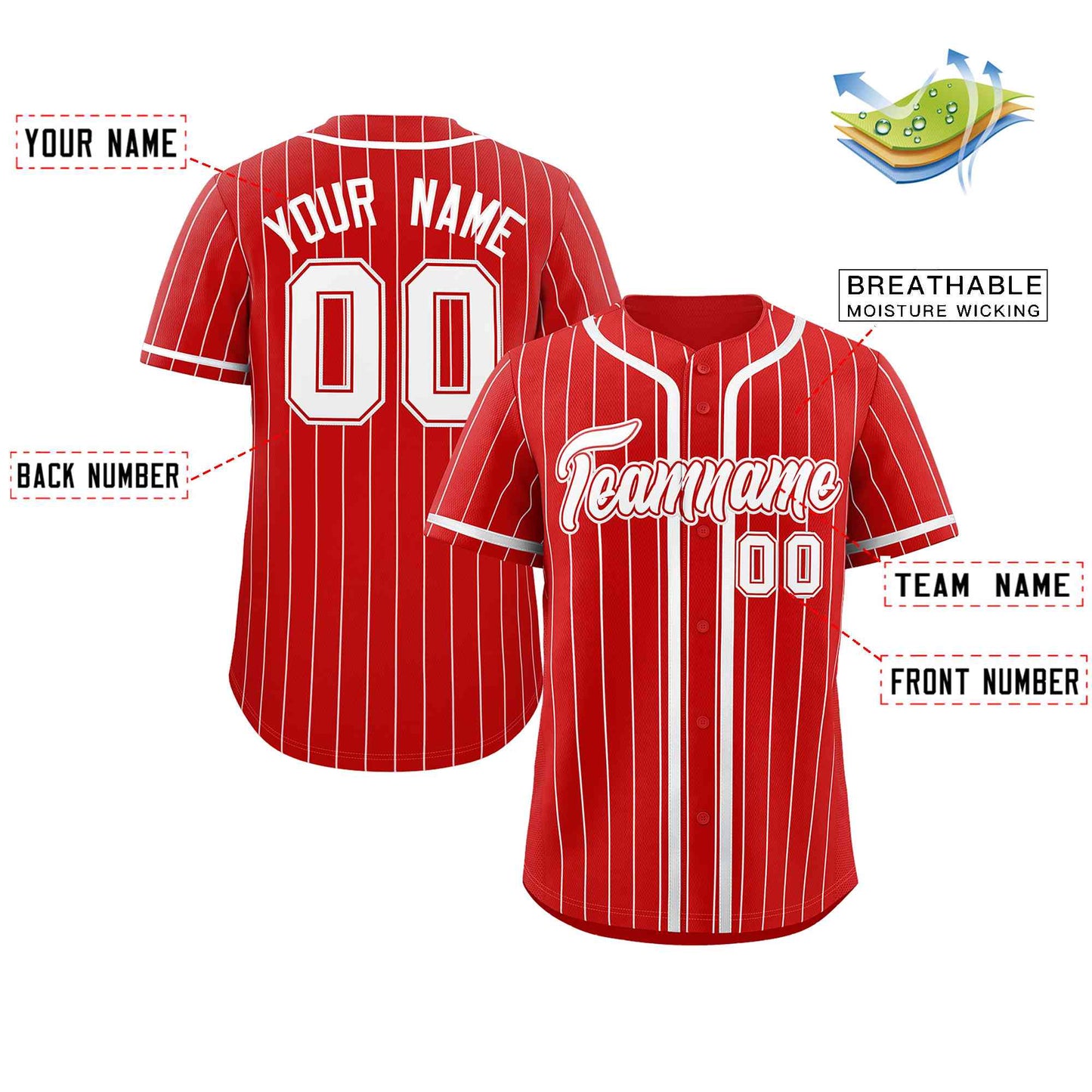 Custom Red White Stripe Fashion Design Full Button Authentic Baseball Jersey