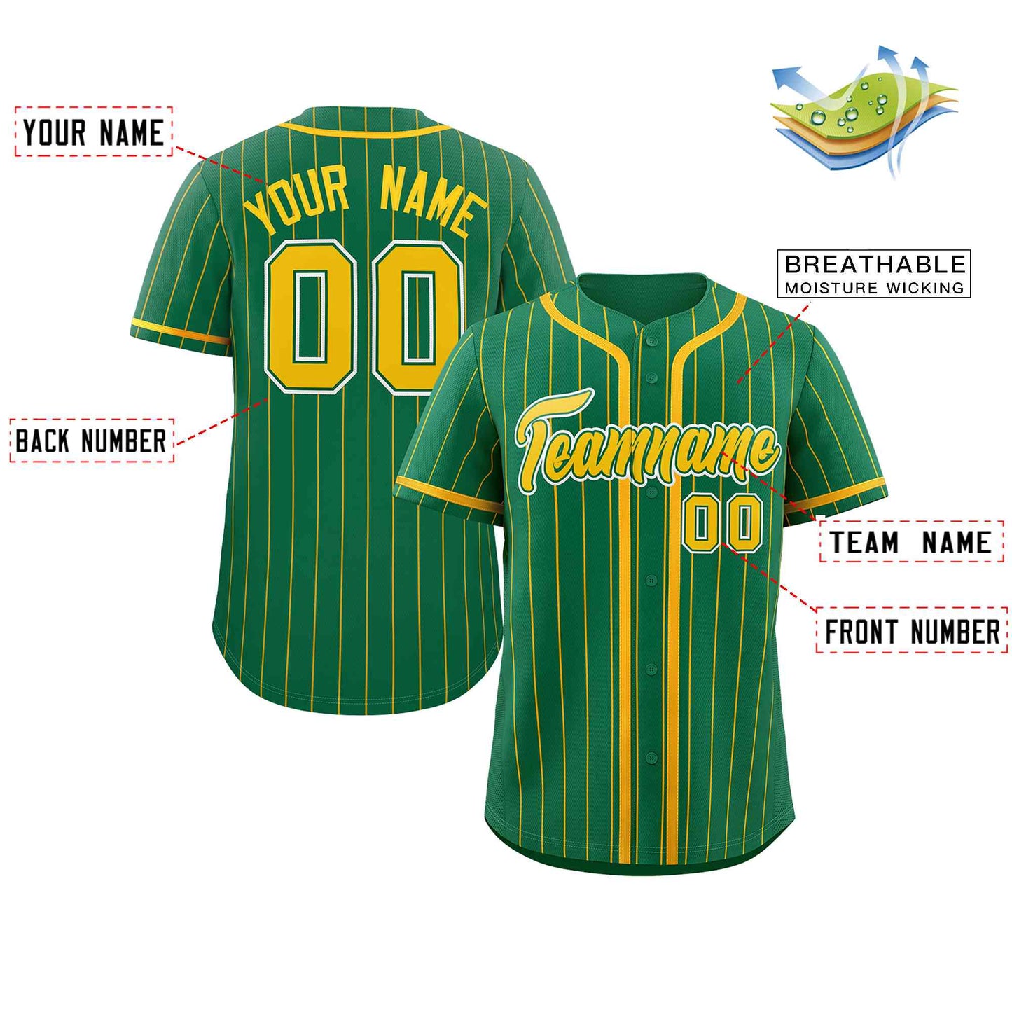 Custom Kelly Green Yellow Stripe Fashion Design Full Button Authentic Baseball Jersey