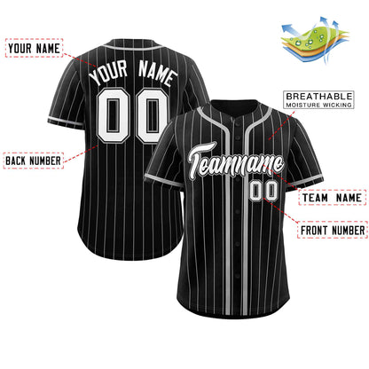 Custom Black Light Gray Stripe Fashion Design Full Button Authentic Baseball Jersey