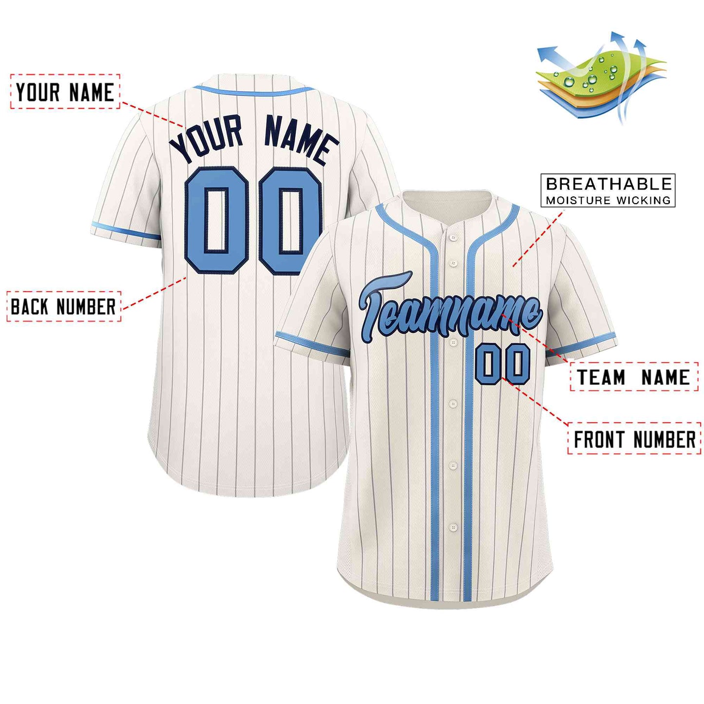 Custom Cream Light Blue-Light Gray Stripe Fashion Design Full Button Authentic Baseball Jersey