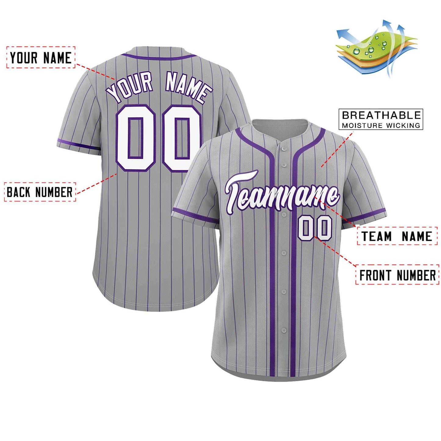 Custom Light Gray White-Purple Stripe Fashion Design Full Button Authentic Baseball Jersey