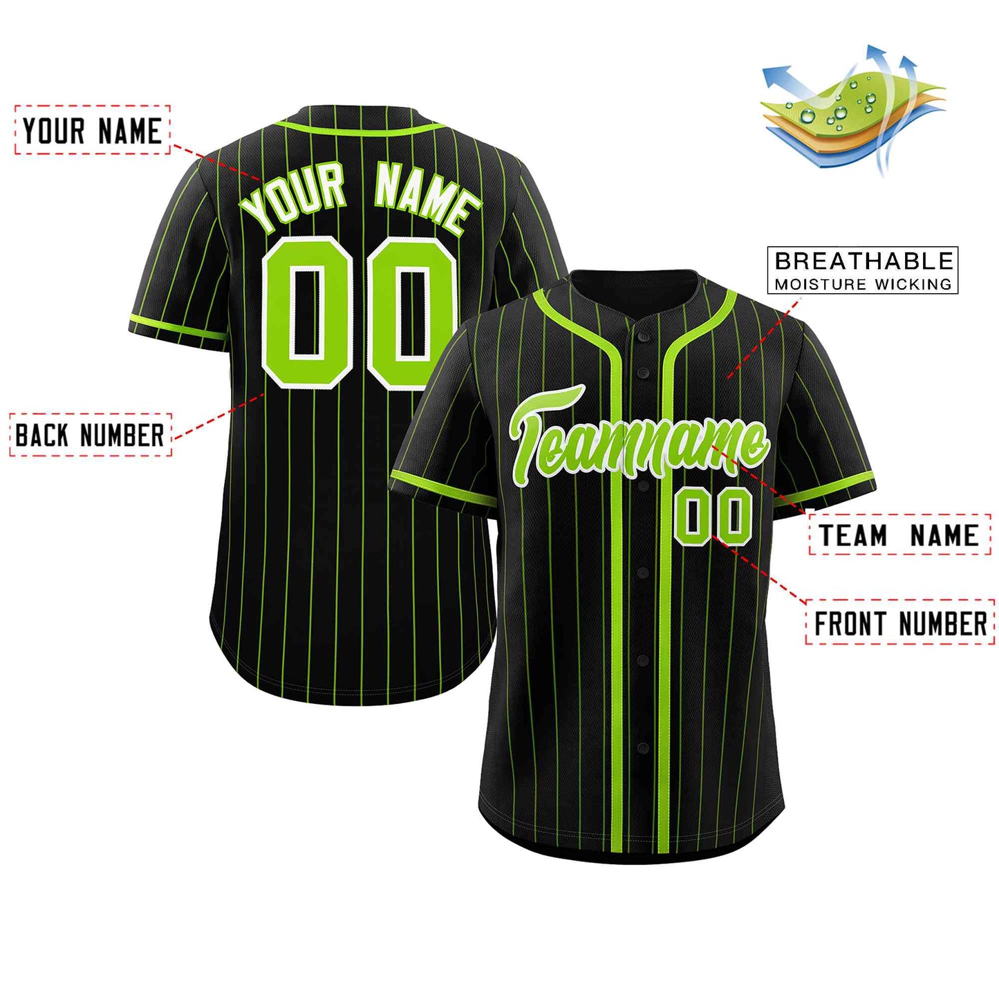 Custom Black Neon Green Stripe Fashion Design Full Button Authentic Baseball Jersey