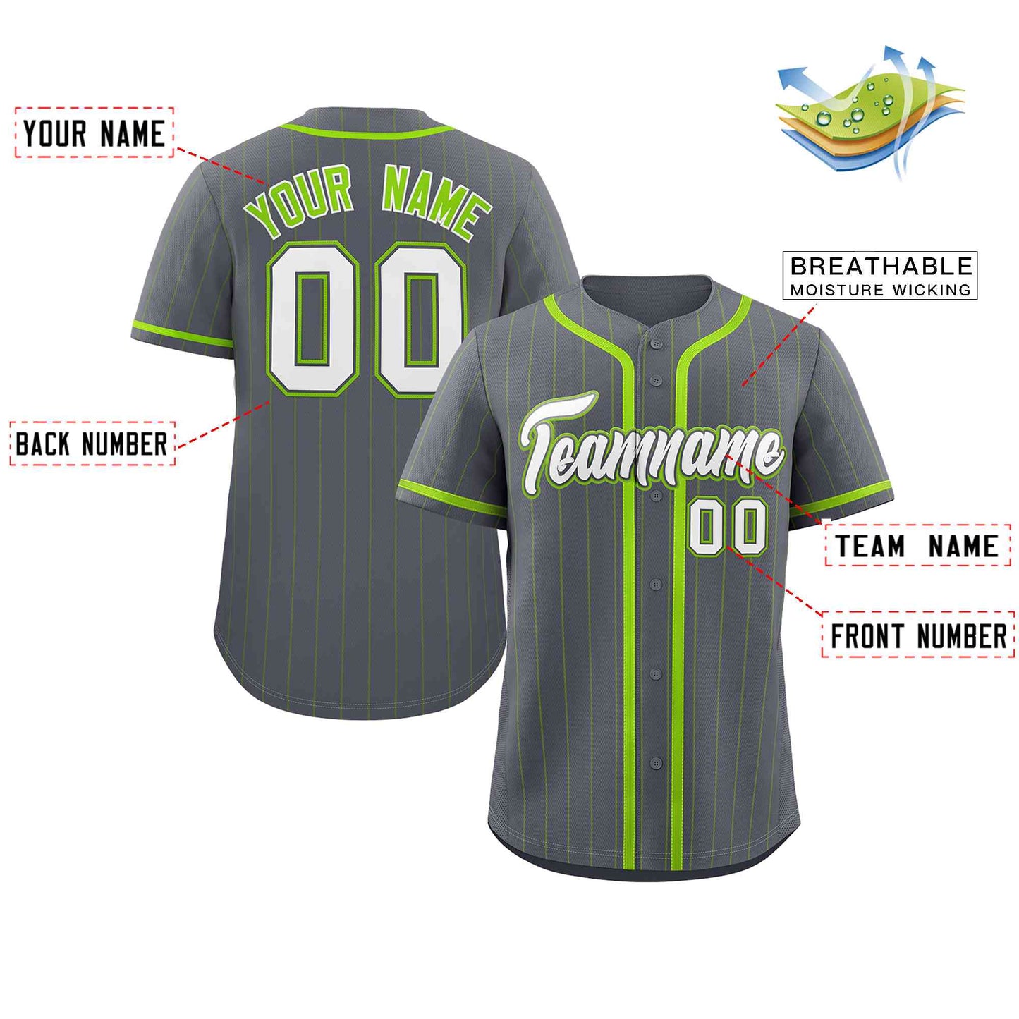 Custom Gray White-Neon Green Stripe Fashion Design Full Button Authentic Baseball Jersey