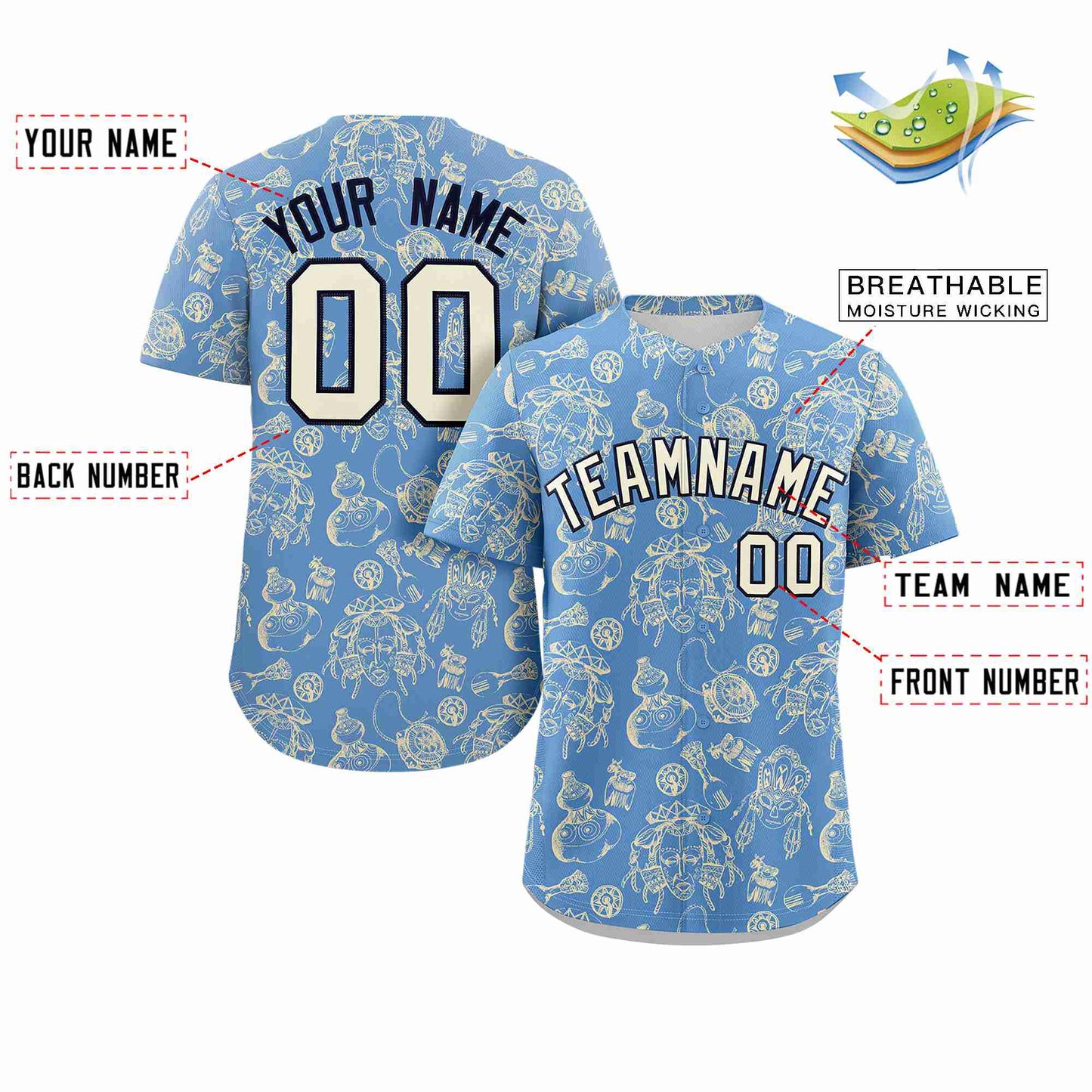 Custom Light Blue 3D Graffiti Pattern Personalized Design Authentic Baseball Jersey