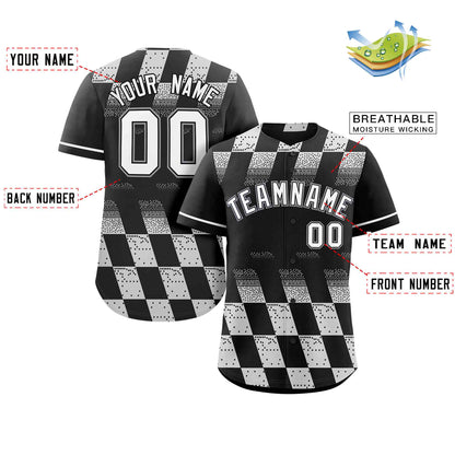 Custom Black White Grid Speckles Color Block Design Authentic Baseball Jersey