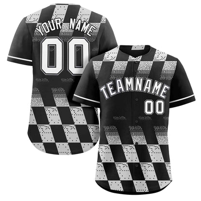 Custom Black White Grid Speckles Color Block Design Authentic Baseball Jersey