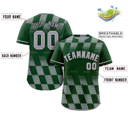 Custom Green Gray Grid Speckles Color Block Design Authentic Baseball Jersey