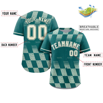 Custom Aqua Cream Grid Speckles Color Block Design Authentic Baseball Jersey