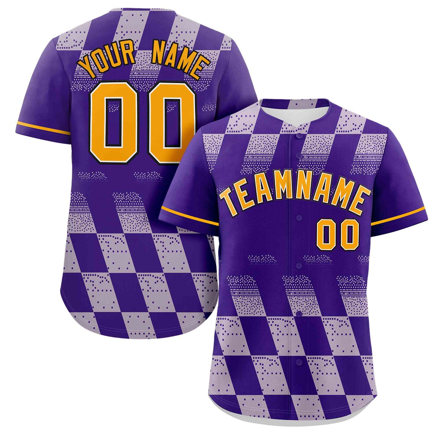 Custom Purple White Grid Speckles Color Block Design Authentic Baseball Jersey