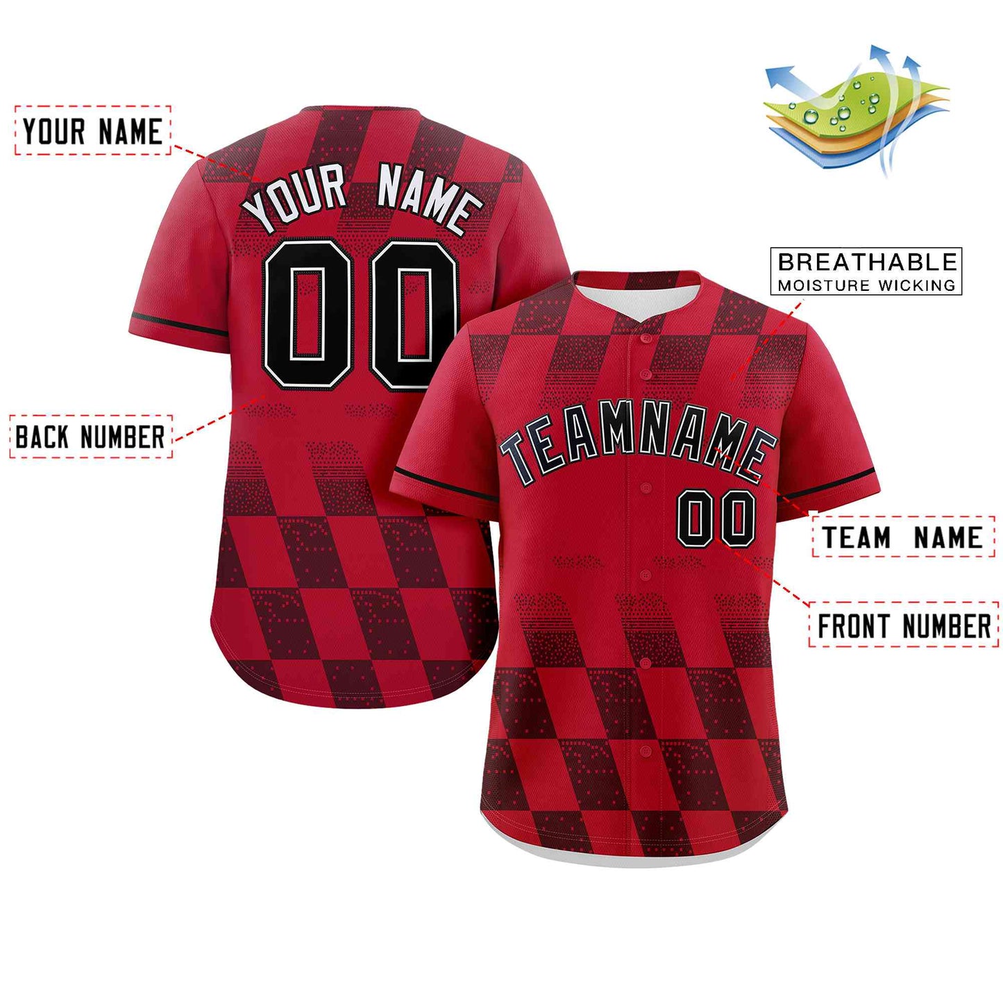 Custom Red Black Grid Speckles Color Block Design Authentic Baseball Jersey