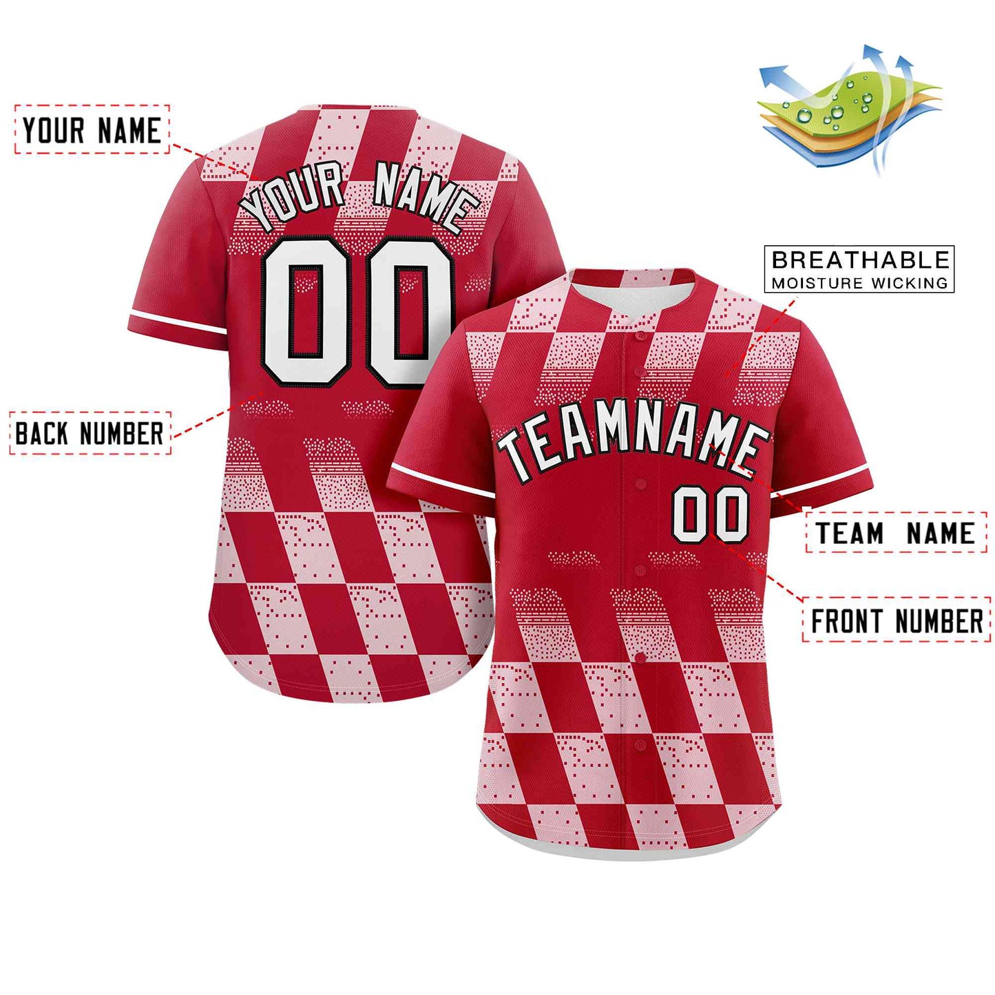 Custom Red White Grid Speckles Color Block Design Authentic Baseball Jersey