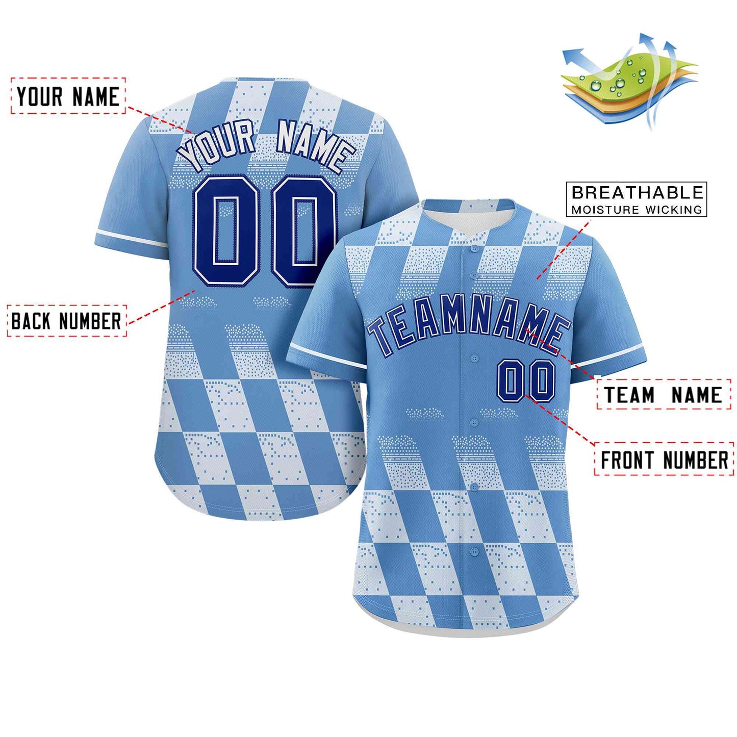 Custom Powder Blue White Grid Speckles Color Block Design Authentic Baseball Jersey