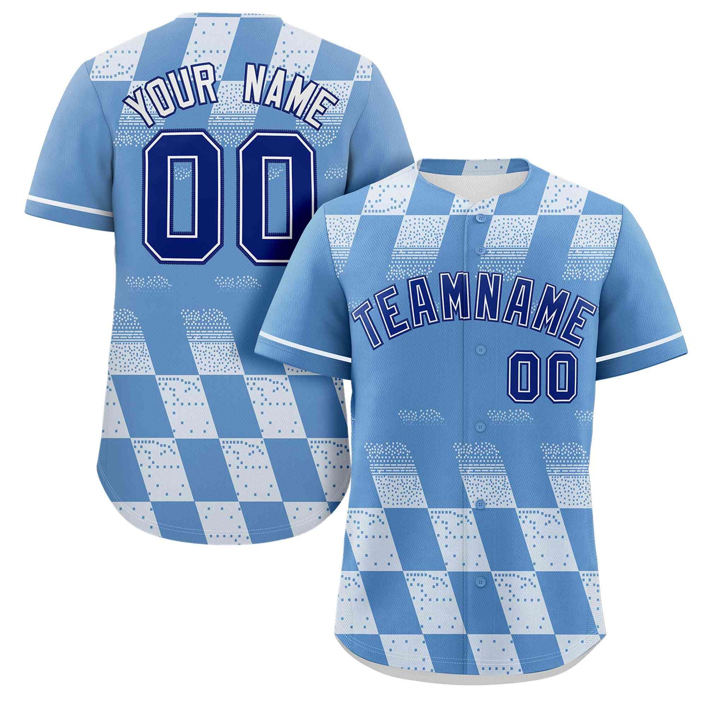 Custom Powder Blue White Grid Speckles Color Block Design Authentic Baseball Jersey