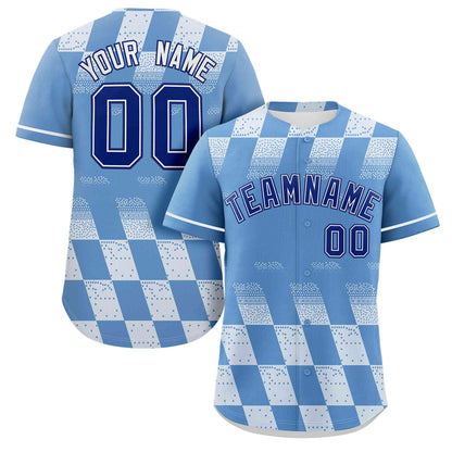 Custom Powder Blue White Grid Speckles Color Block Design Authentic Baseball Jersey